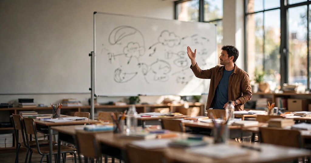 The faculty advantage: a teacher presenting marketing concepts in a bright classroom