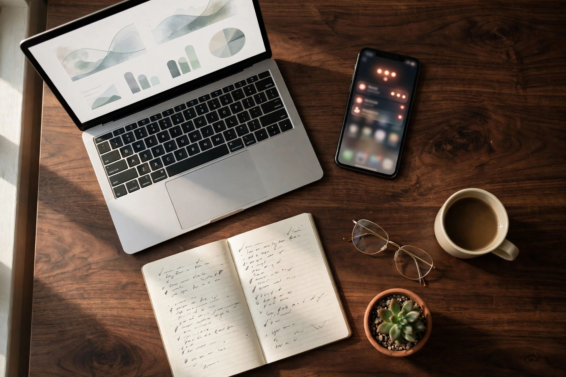AI agent connected to business apps Business owner desk with laptop dashboard, smartphone notifications, handwritten notebook, and coffee