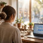Small business owner at a sunlit boutique counter with a laptop showing an AI chat assistant