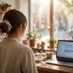 Small business owner at a sunlit boutique counter with a laptop showing an AI chat assistant