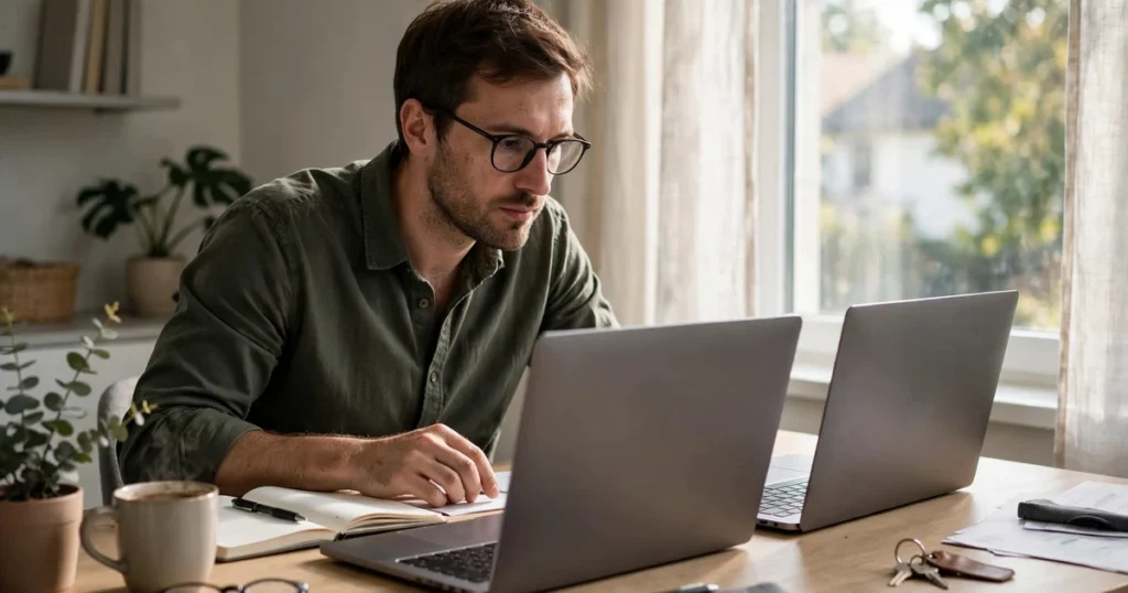 Professional comparing two laptops at a bright desk in morning light