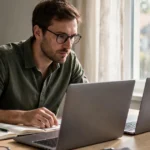 Professional comparing two laptops at a bright desk in morning light