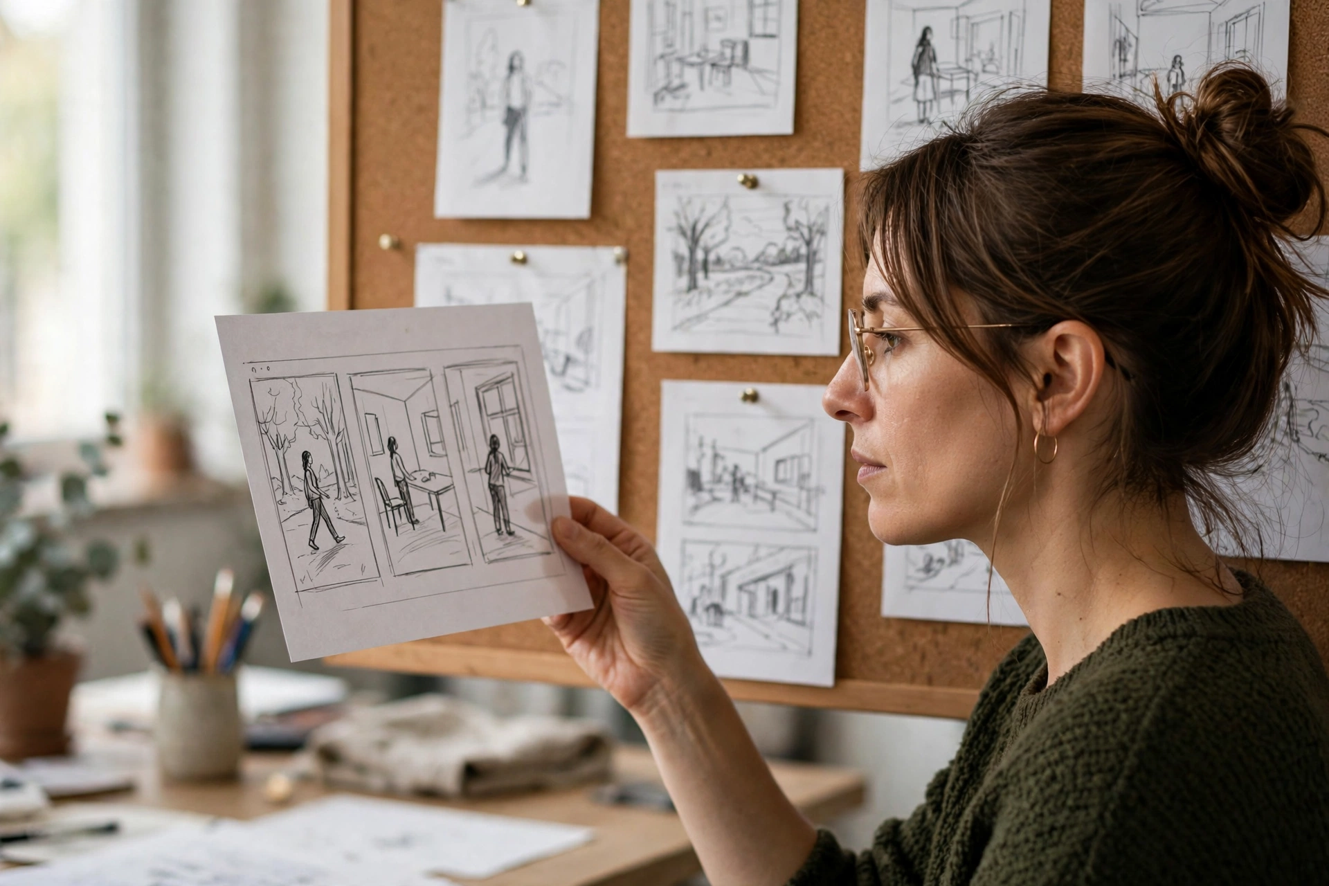 AI video pipeline storyboard review Creative director reviewing printed AI-generated storyboard frames pinned on a studio wall, natural window light