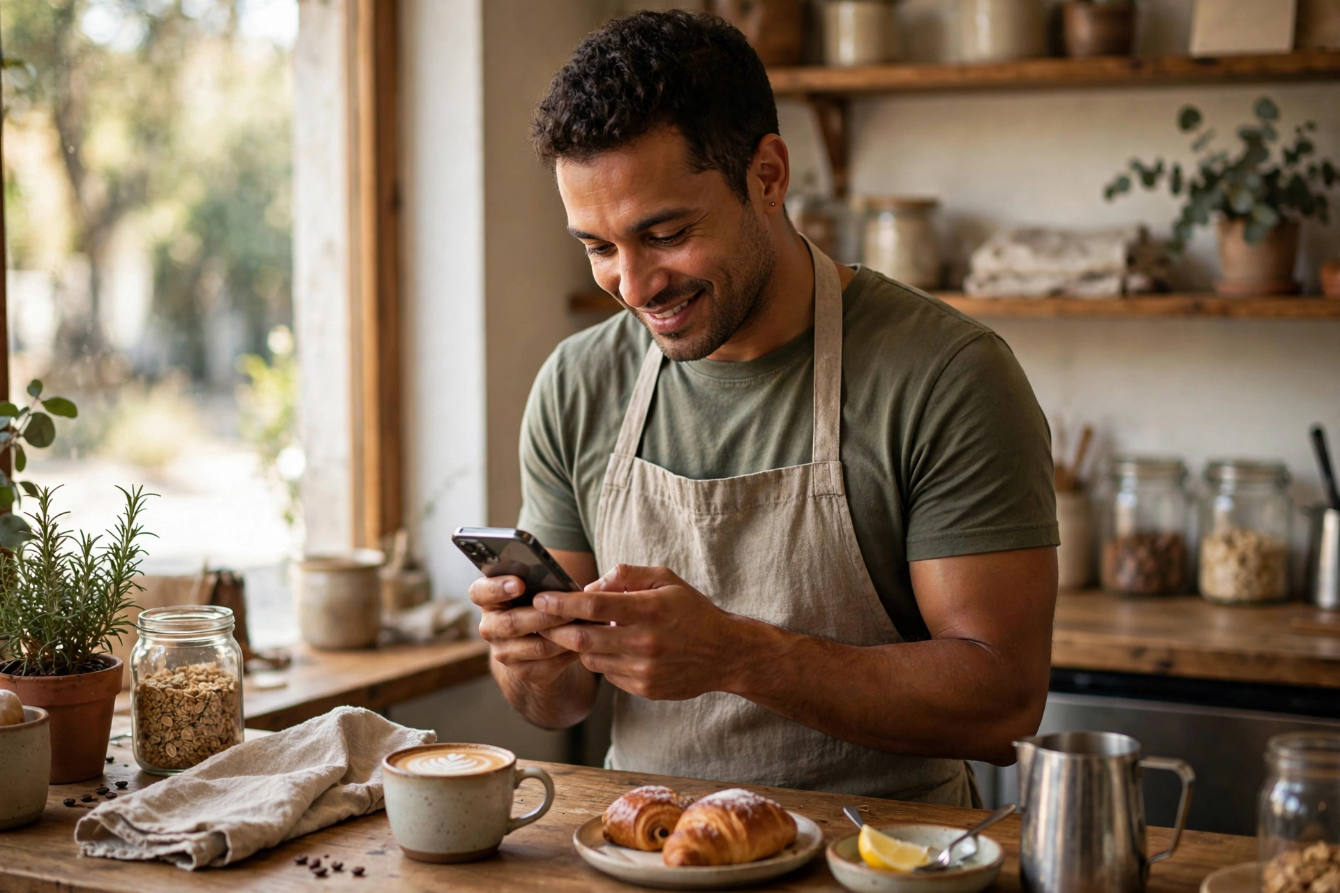 Answering customer messages promptly, service-first social media Small business owner answering customer messages on a smartphone behind a cafe counter