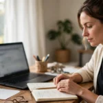 Small business owner checking email on a laptop at a bright desk