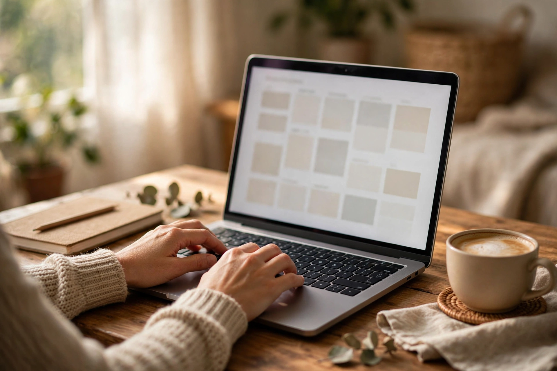 Automating content distribution with a scheduling calendar Laptop with a content scheduling calendar on a home office desk, notebook and coffee beside it