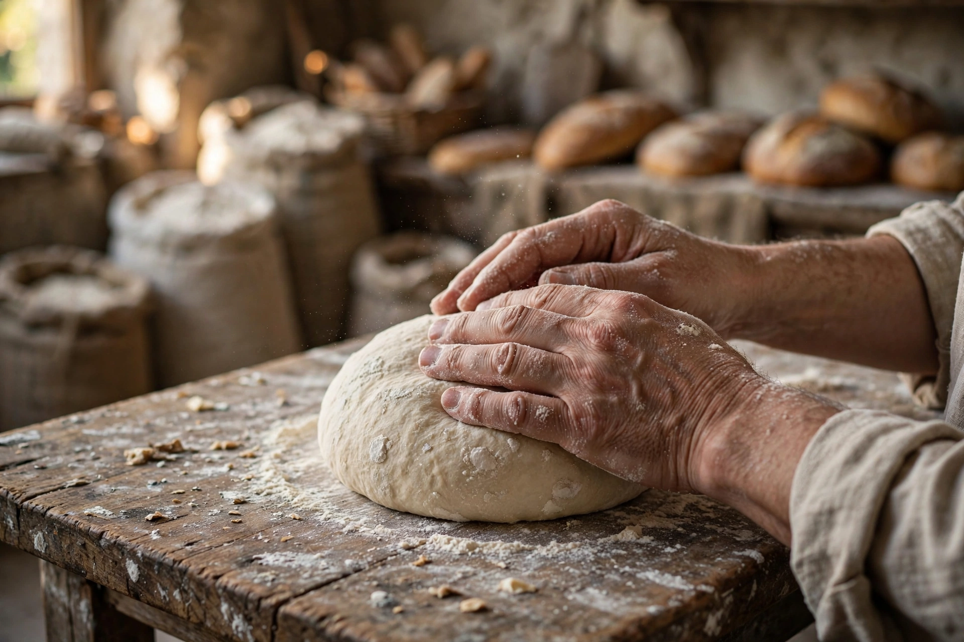 Baker shaping dough Baker's flour-dusted hands shaping dough on a wooden workbench in a rustic bakery