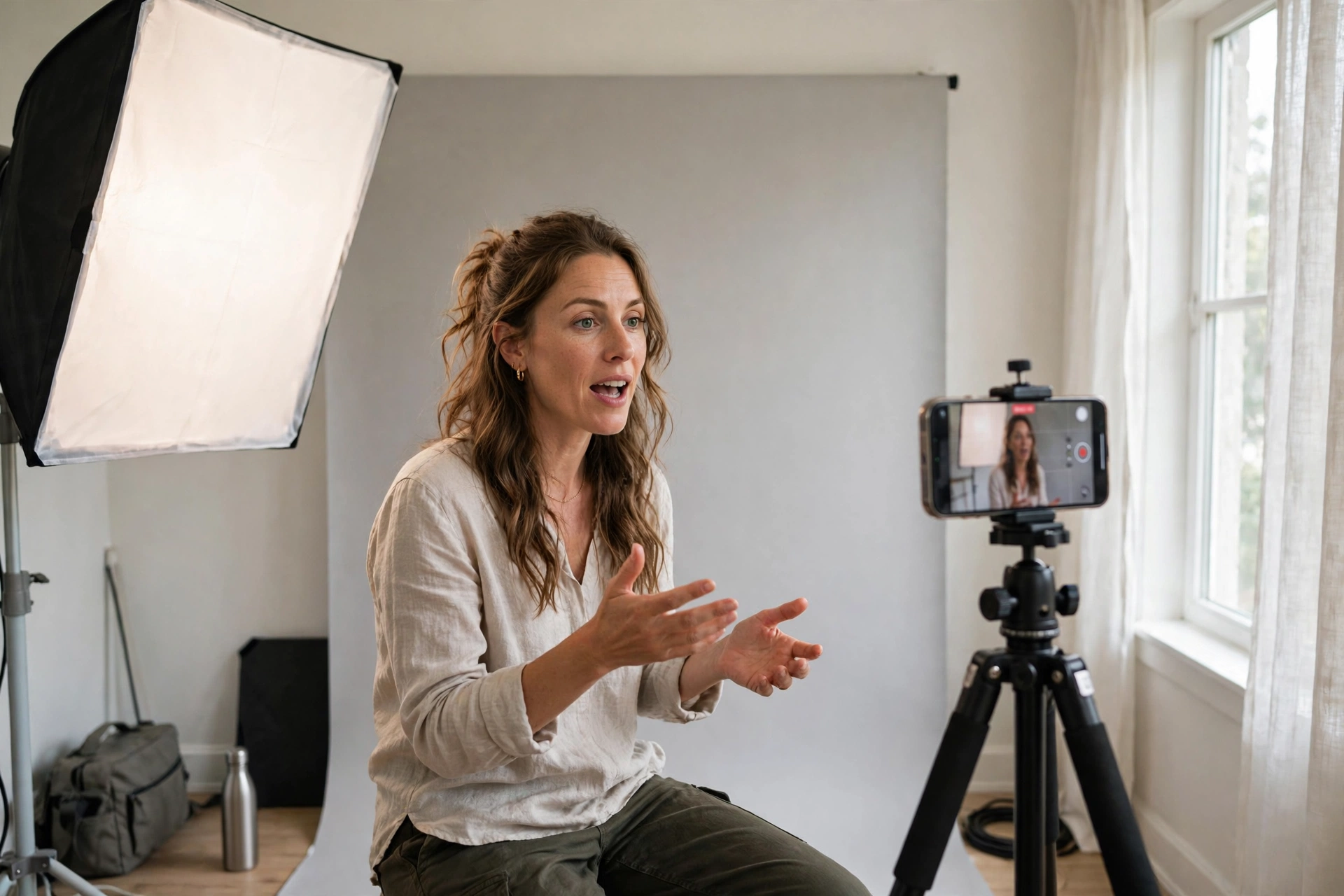 Batch filming short videos for the weekly content rhythm Creator batch-filming short videos with a smartphone on a tripod in a small studio