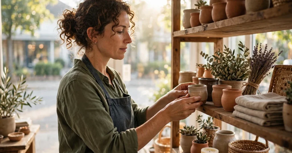 Small business owner arranging products in a sunlit neighborhood shop