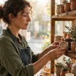 Small business owner arranging products in a sunlit neighborhood shop