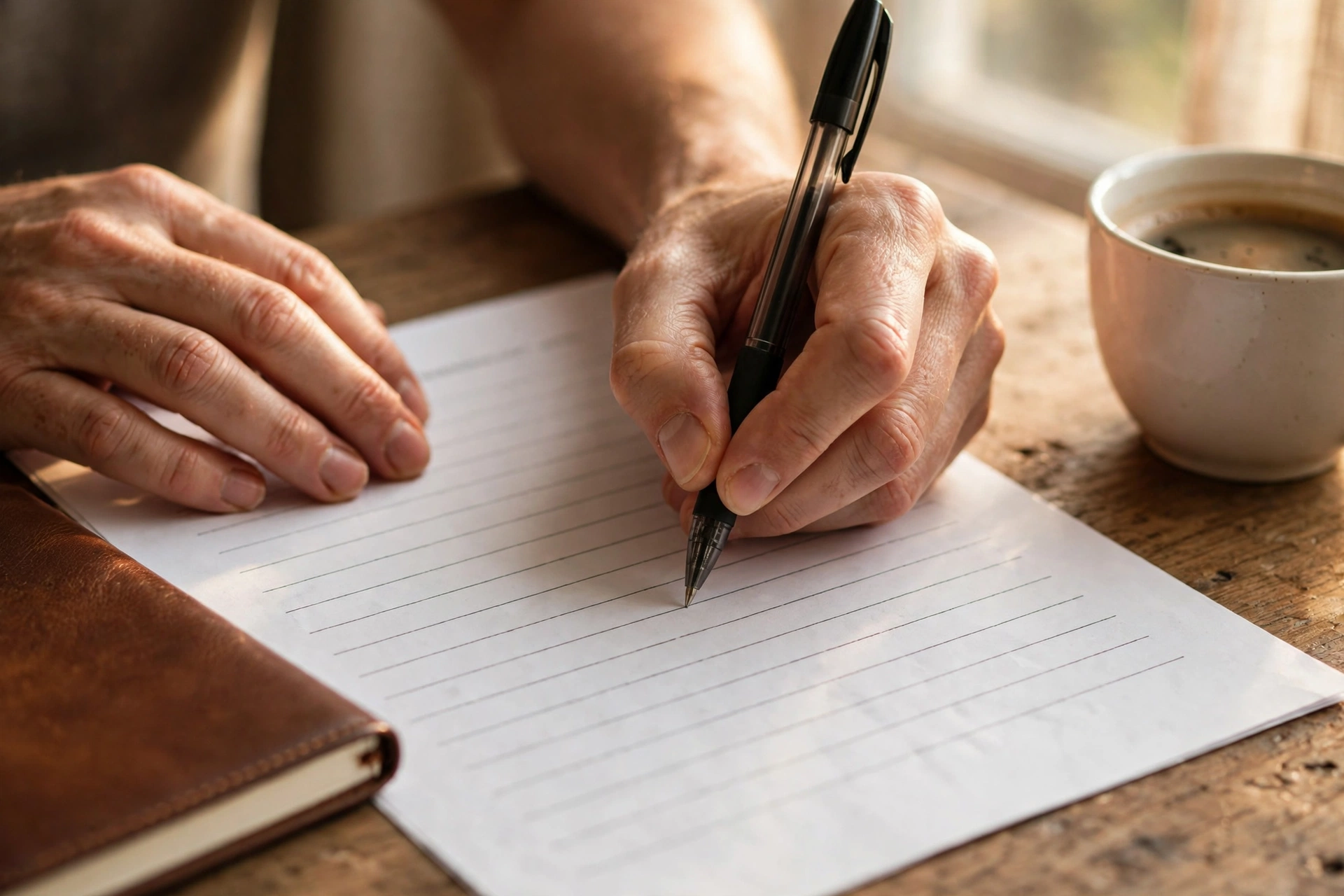 Brand positioning statement worksheet Hands filling in a brand positioning statement worksheet on a wooden desk