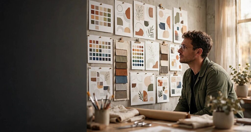 Brand semiotics cover, designer reviewing brand identity boards in a studio