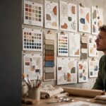 Brand semiotics cover, designer reviewing brand identity boards in a studio