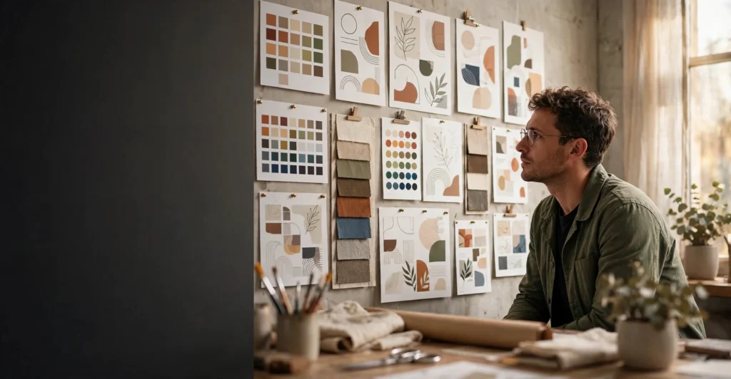 Brand semiotics cover, designer reviewing brand identity boards in a studio