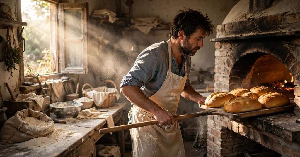 Small bakery owner pulling fresh bread from a brick oven in warm morning light