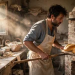 Small bakery owner pulling fresh bread from a brick oven in warm morning light