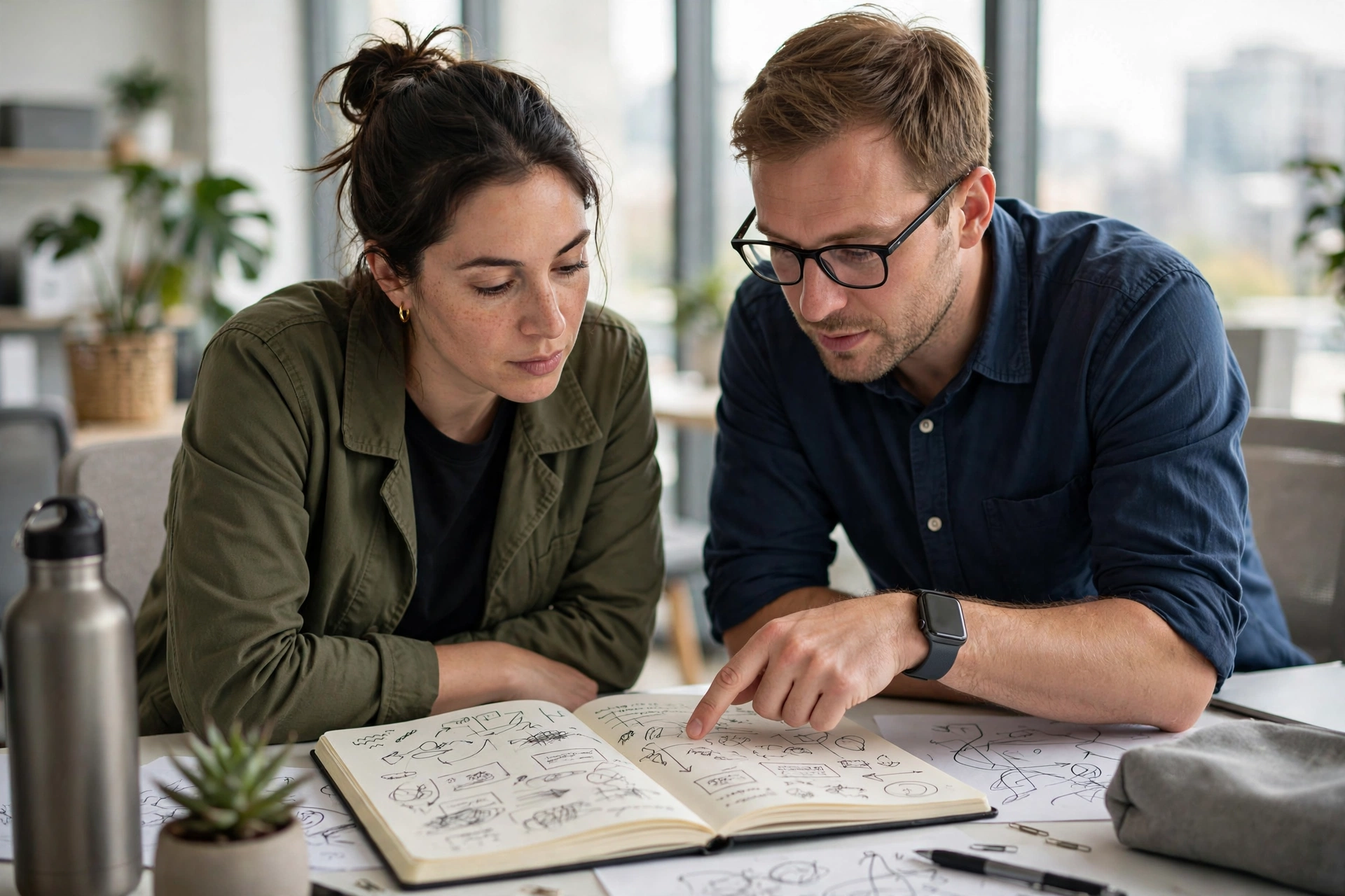 Testing a brand positioning statement Two colleagues reviewing handwritten notes during a brand strategy discussion in natural light