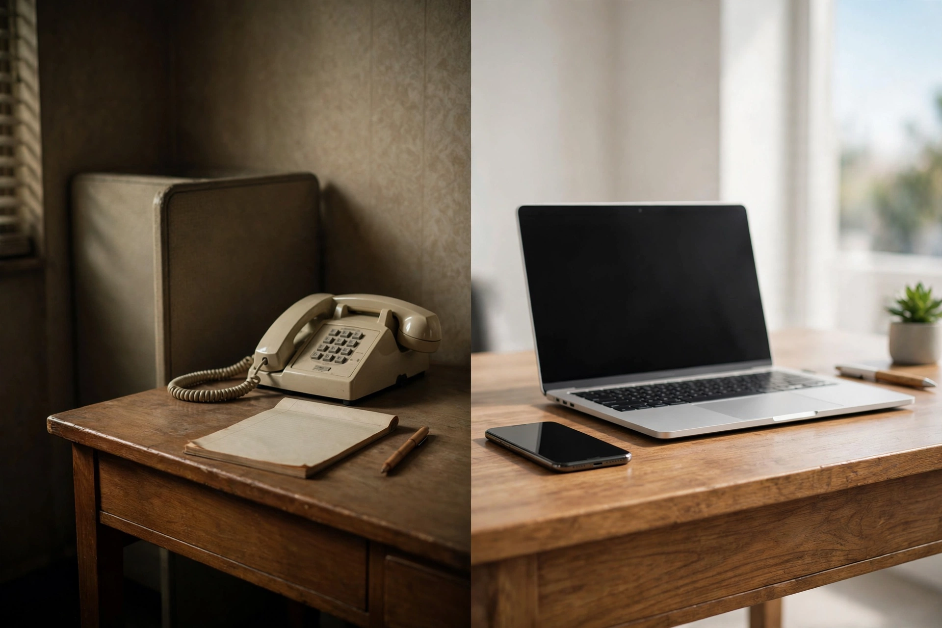 Chatbot vs automation vs AI agent Then and now photograph: a vintage office desk beside a bright modern workspace with laptop and smartphone
