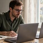 Professional comparing two laptops at a bright desk in morning light