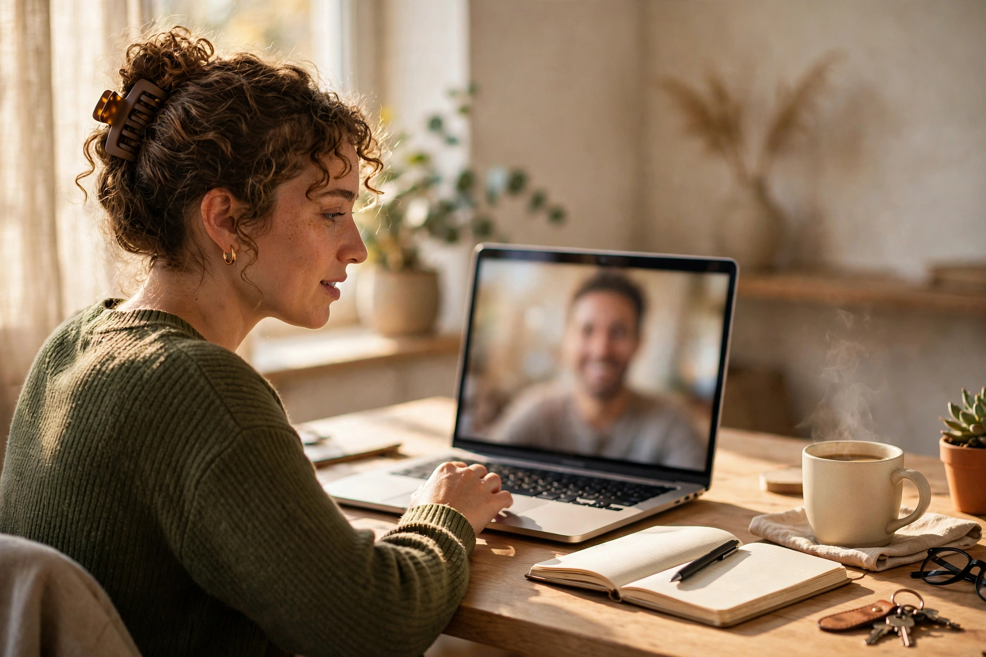 Regular client communication on video call A freelancer on a video call with a client at a tidy home office desk