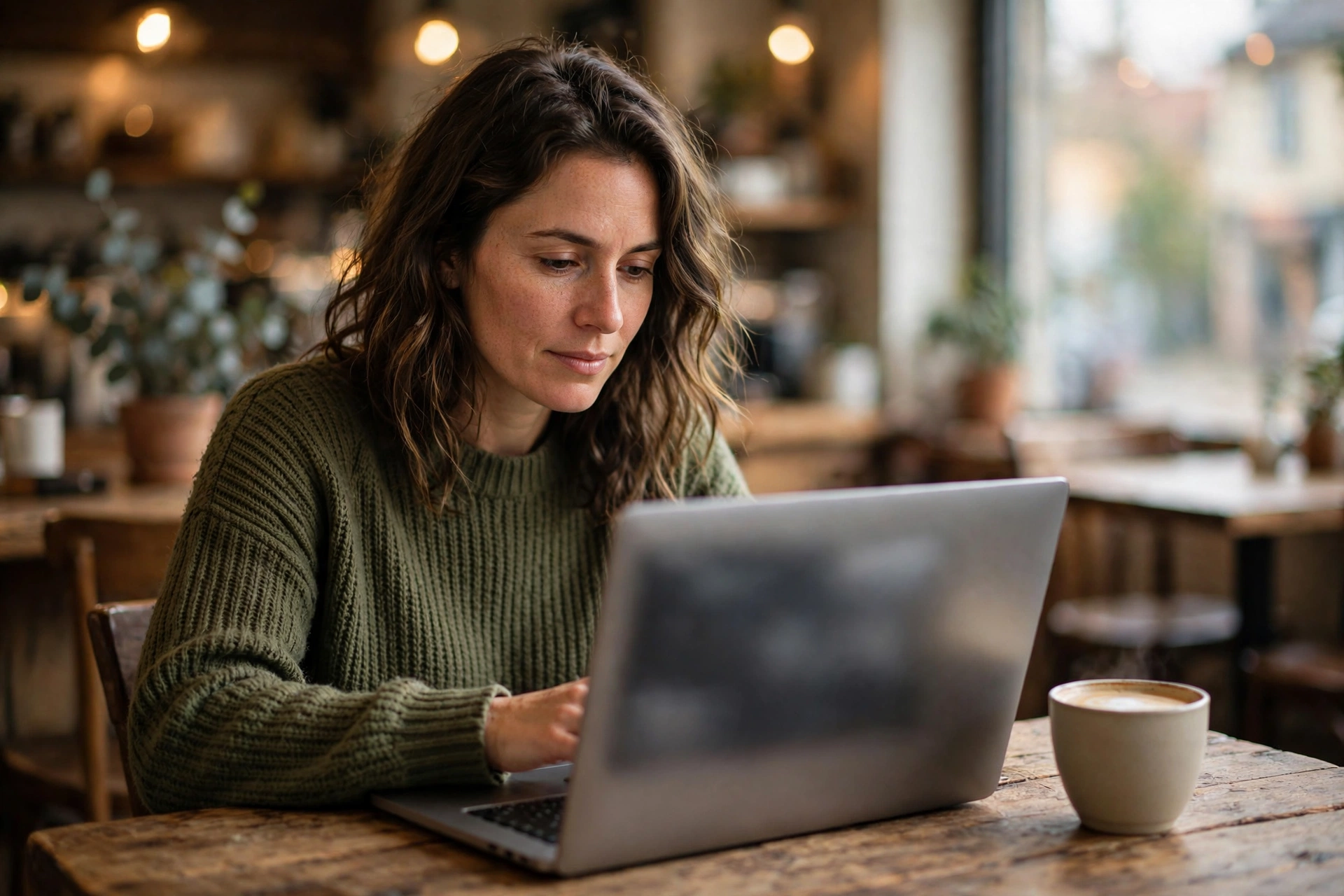Positioning example: neighborhood coffeehouse Remote worker with laptop and coffee at a wooden table in a neighborhood coffeehouse