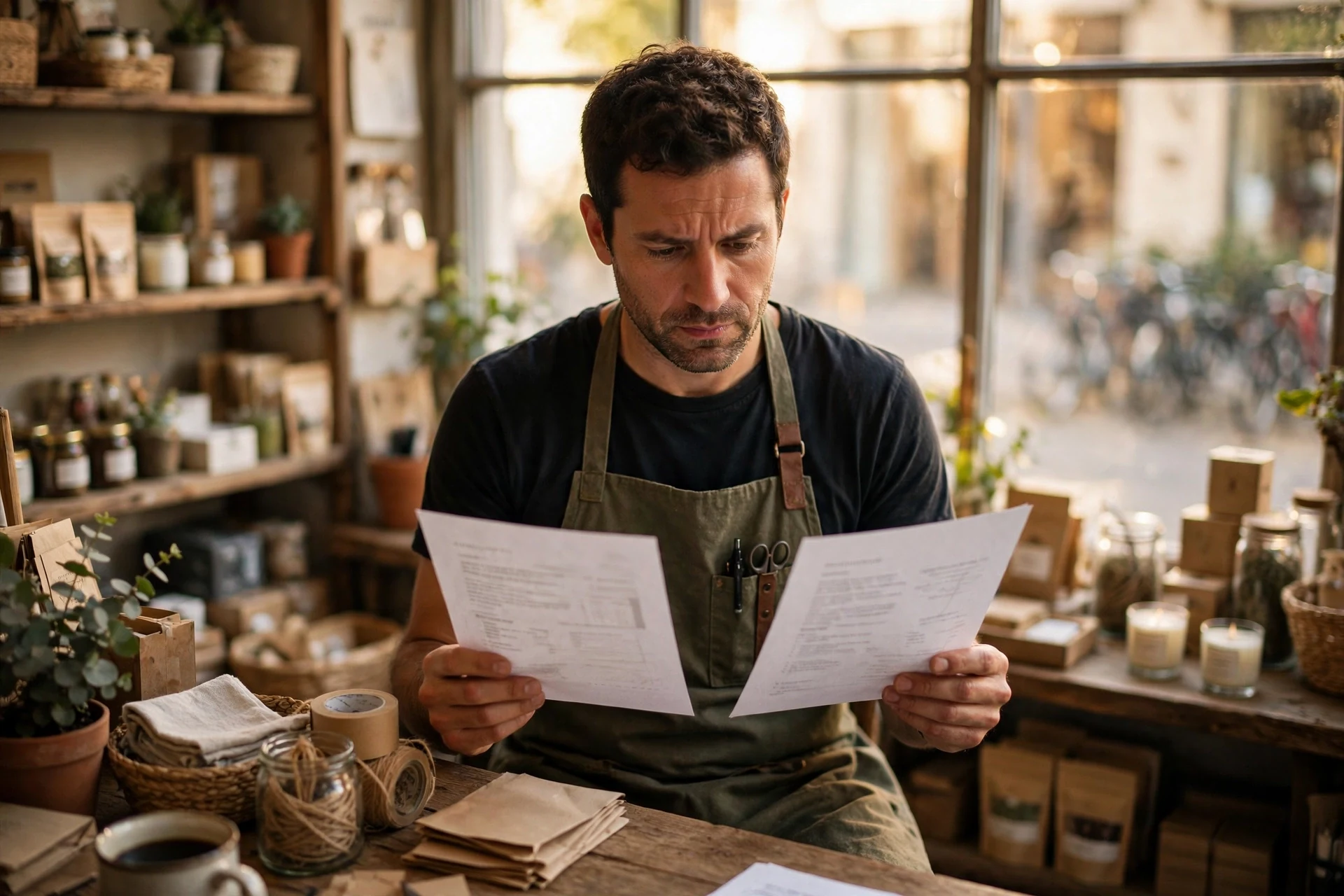 Before and after prompt comparison Shop owner comparing two printed documents side by side in a warm storefront