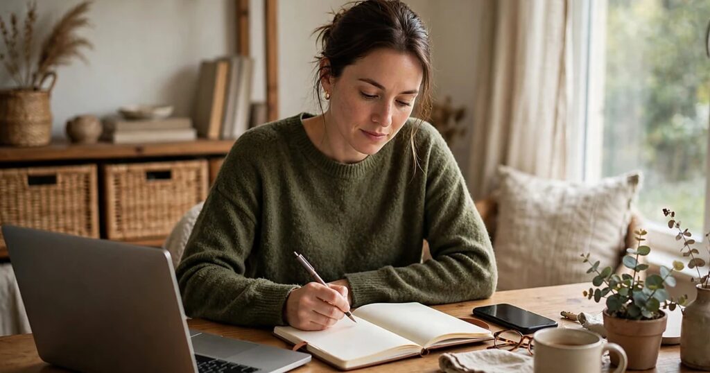 Small business owner planning content ideas at a sunlit desk