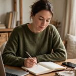 Small business owner planning content ideas at a sunlit desk