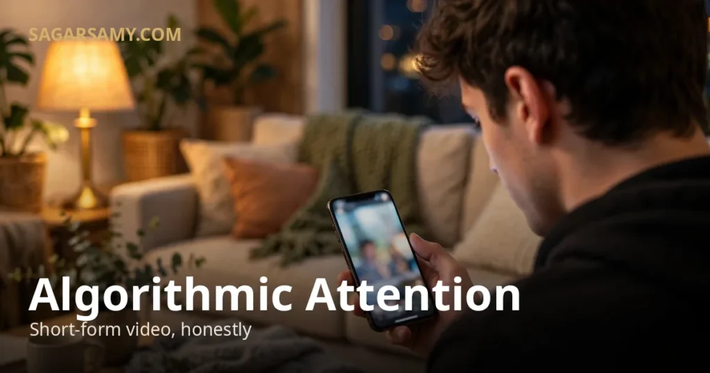 Entrepreneur watching short-form video on smartphone in warm living room