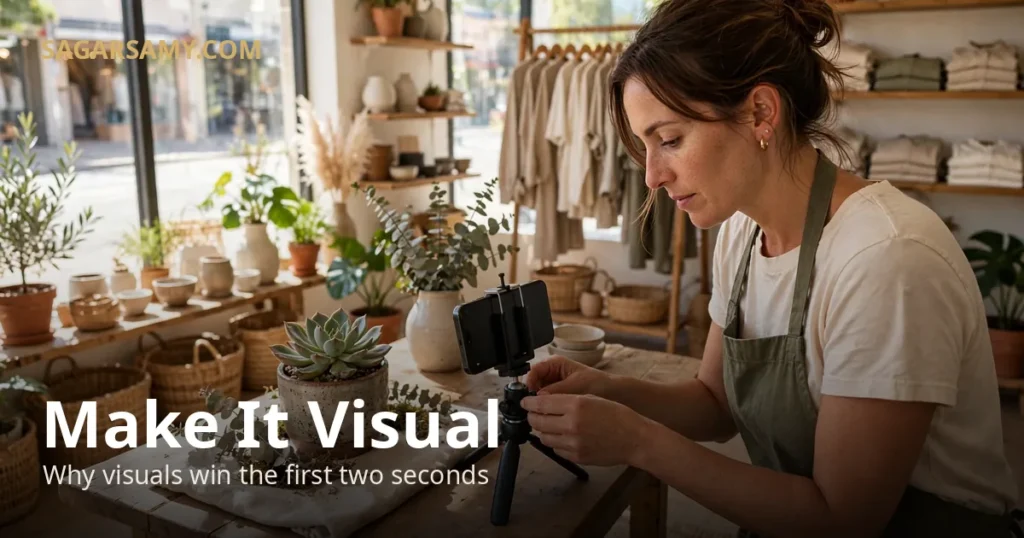 Small business owner filming product with smartphone in boutique shop