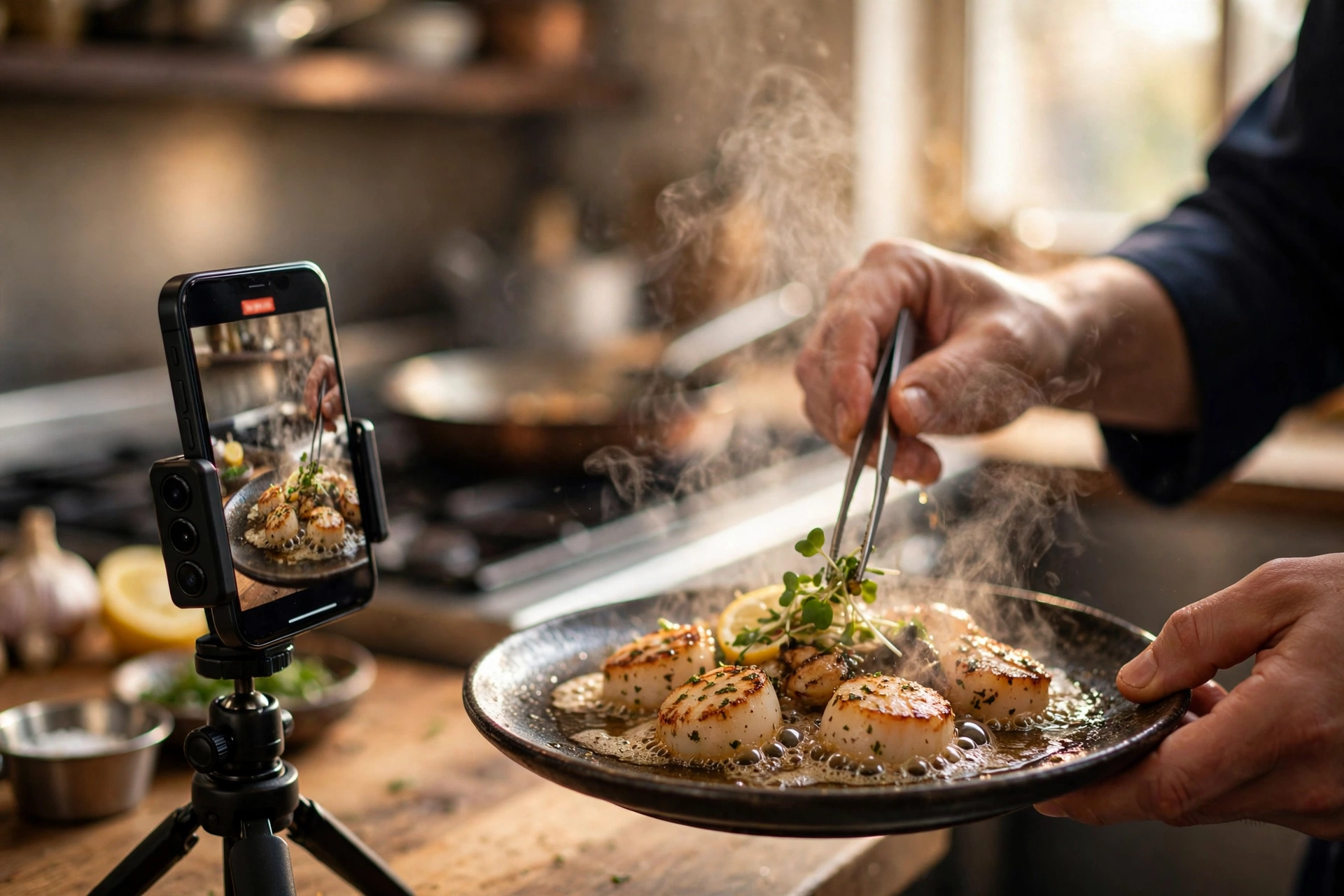 Start short-form video at the most interesting visual Smartphone on a tripod recording a sizzling dish being plated in a restaurant kitchen