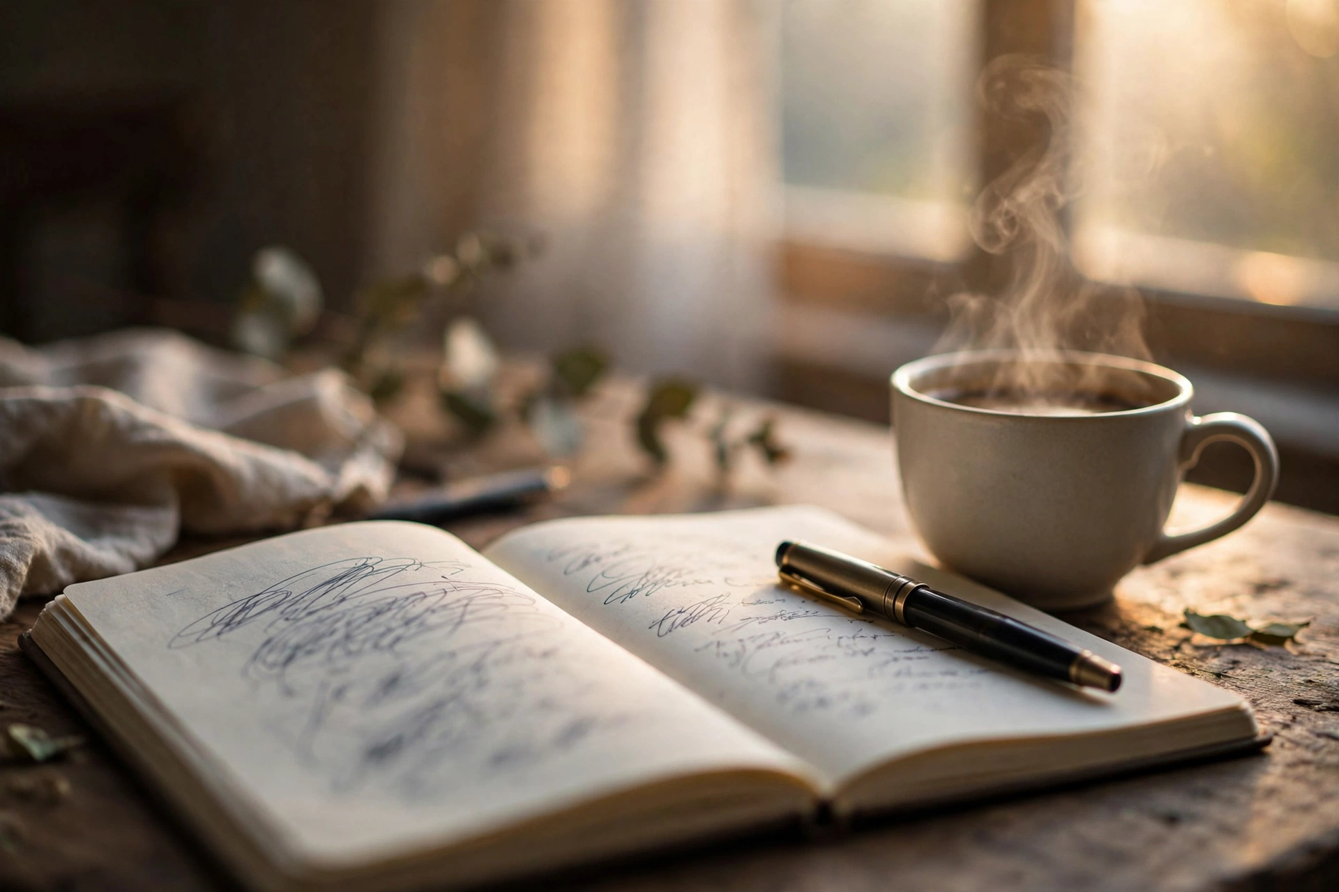 A writer's desk at dawn with an open notebook, pen, and coffee in warm window light