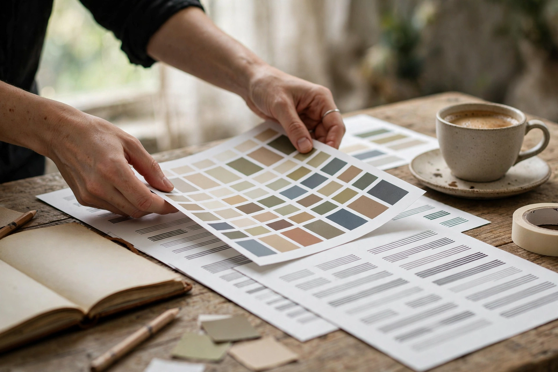The three-piece brand consistency kit Designer arranging brand guideline pages with color palettes on a studio desk