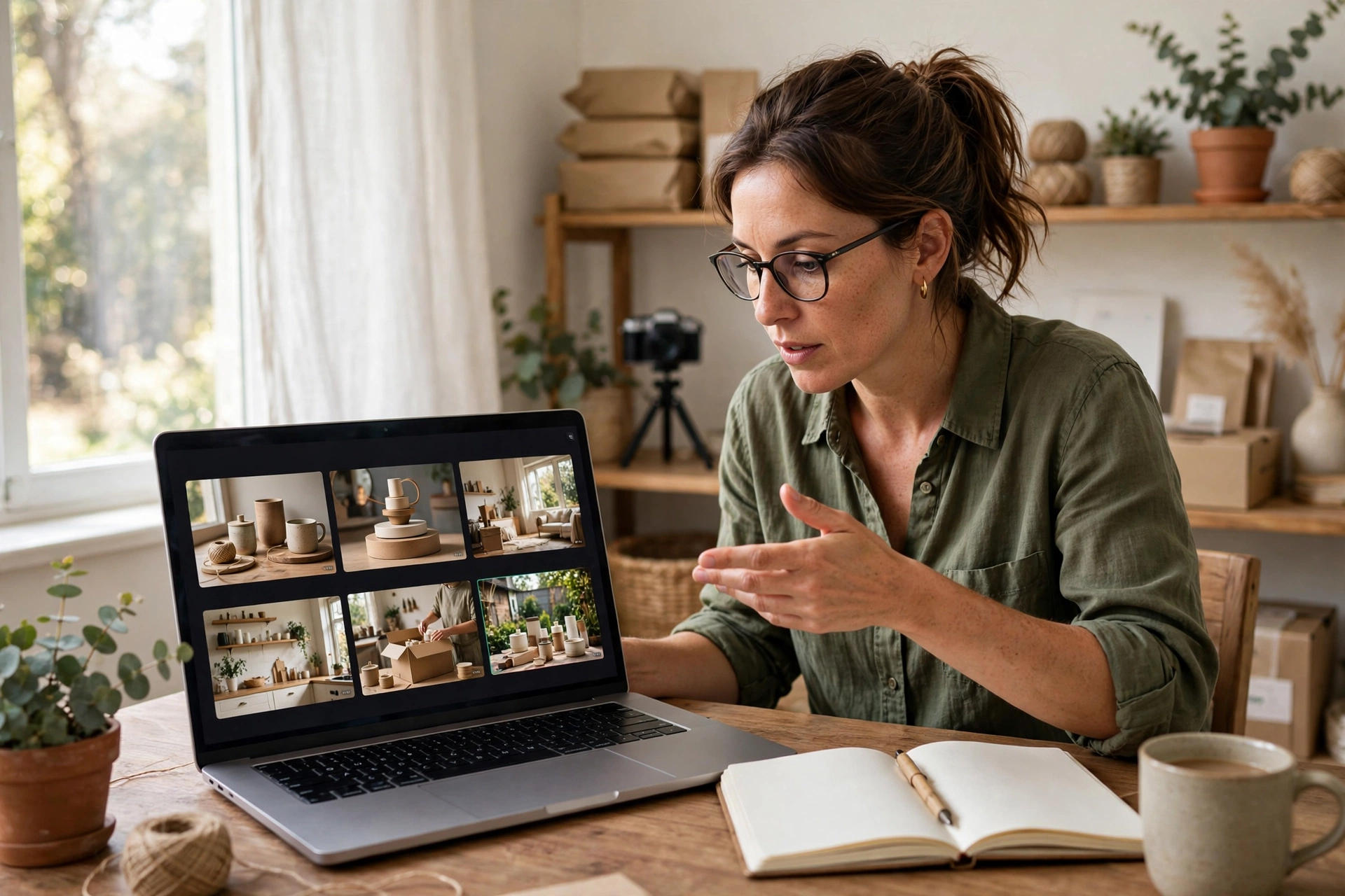 Directing AI video generation for a small business Small business owner directing an AI video generation session on a laptop in a bright home studio, video preview on screen