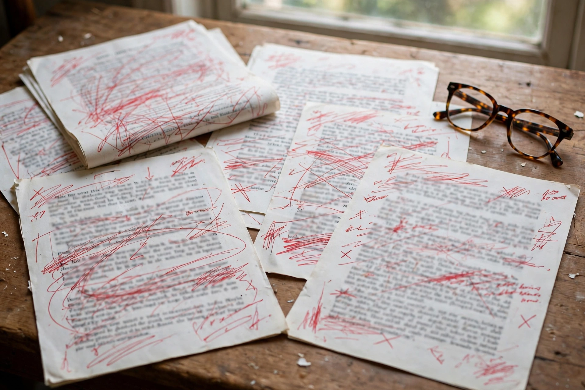 Printed manuscript pages on a desk with red pen edits, crossed-out lines, and reading glasses