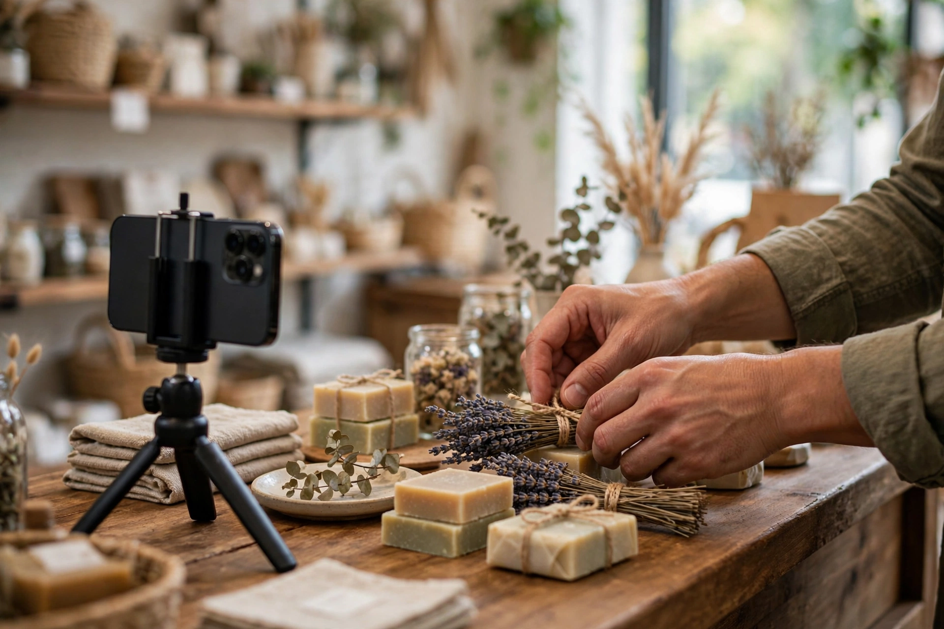 Filming short video on a phone for small business marketing Smartphone on a tripod filming a product demonstration in a retail store