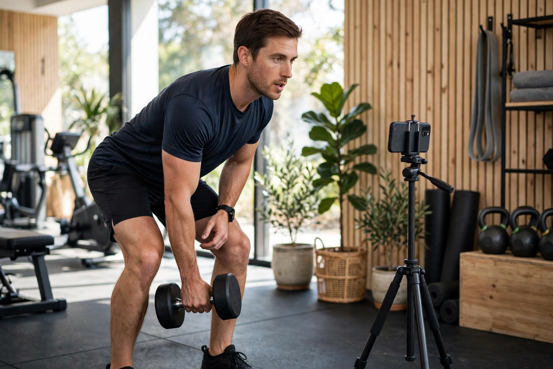 One clear idea per short-form video Fitness trainer demonstrating an exercise while a phone on a tripod records