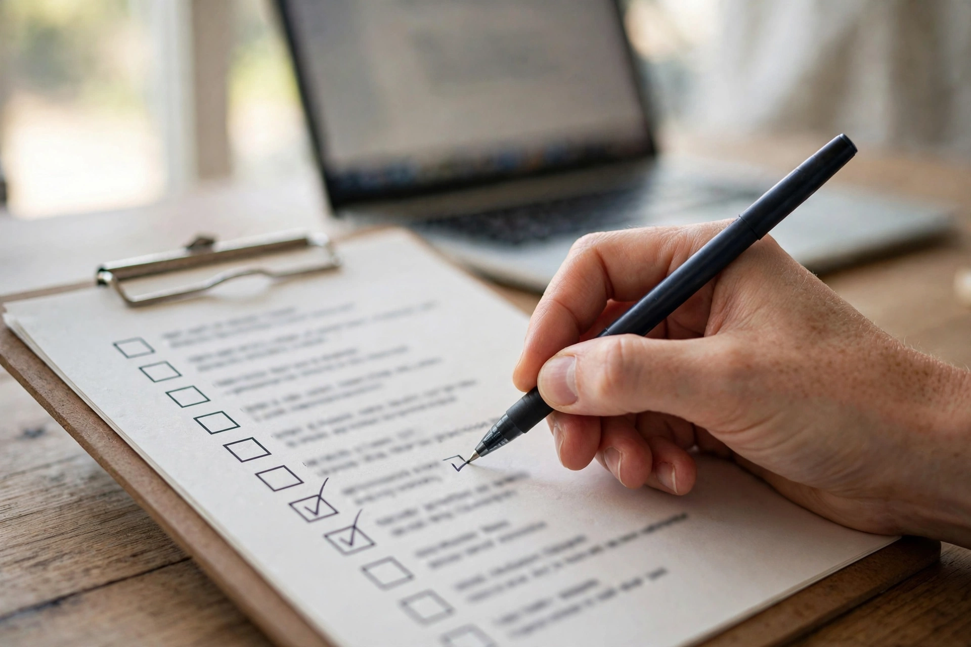 Scoping a freelance project in writing A hand checking off items on a printed freelance project scope checklist on a clipboard