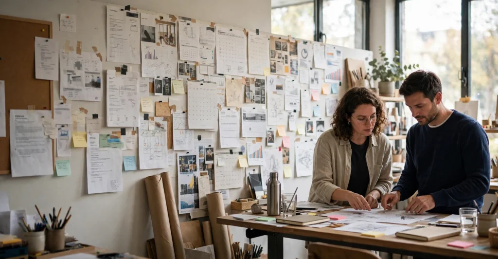 From freelancer to agency: a small creative studio team reviewing work together