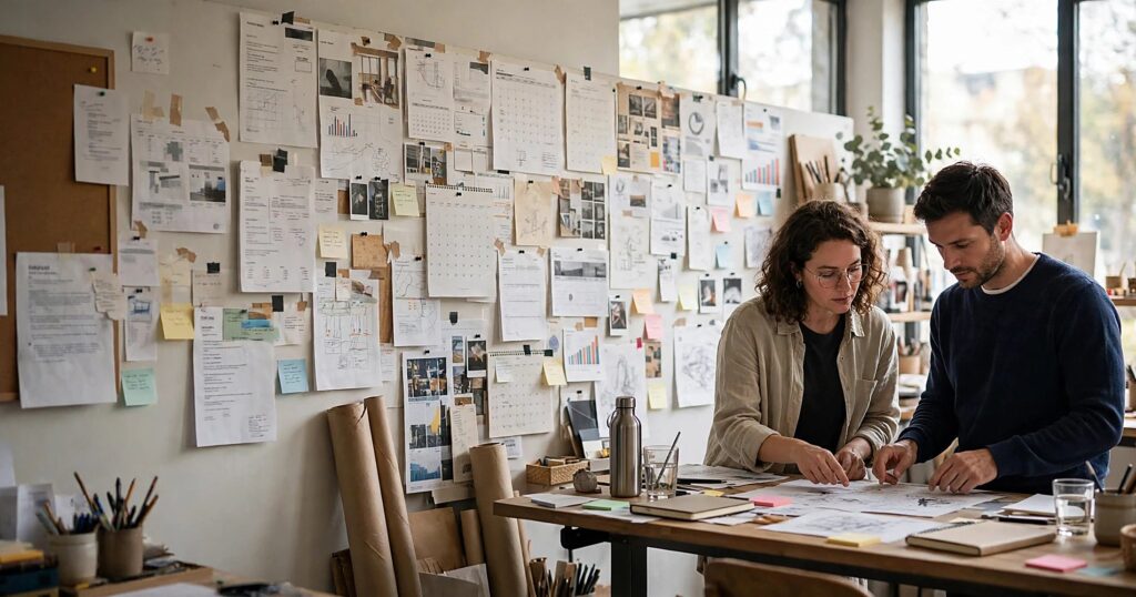 From freelancer to agency: a small creative studio team reviewing work together