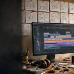 Generative AI video production pipeline guide cover, video editing suite with AI-generated storyboard frames pinned above