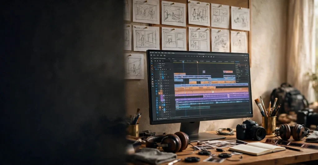 Generative AI video production pipeline guide cover, video editing suite with AI-generated storyboard frames pinned above