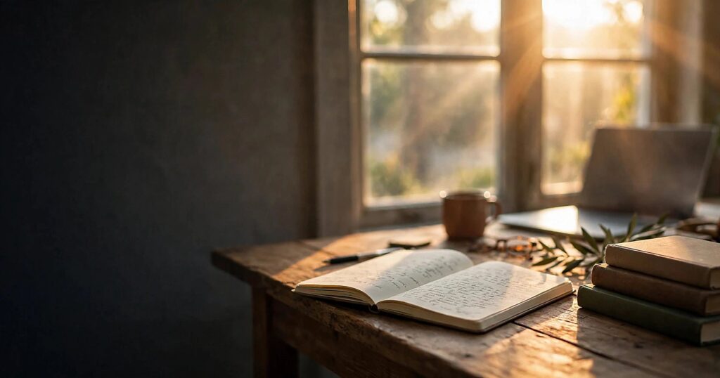 How to become a writer: a writer's desk at dawn with notebook and coffee