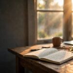 How to become a writer: a writer's desk at dawn with notebook and coffee