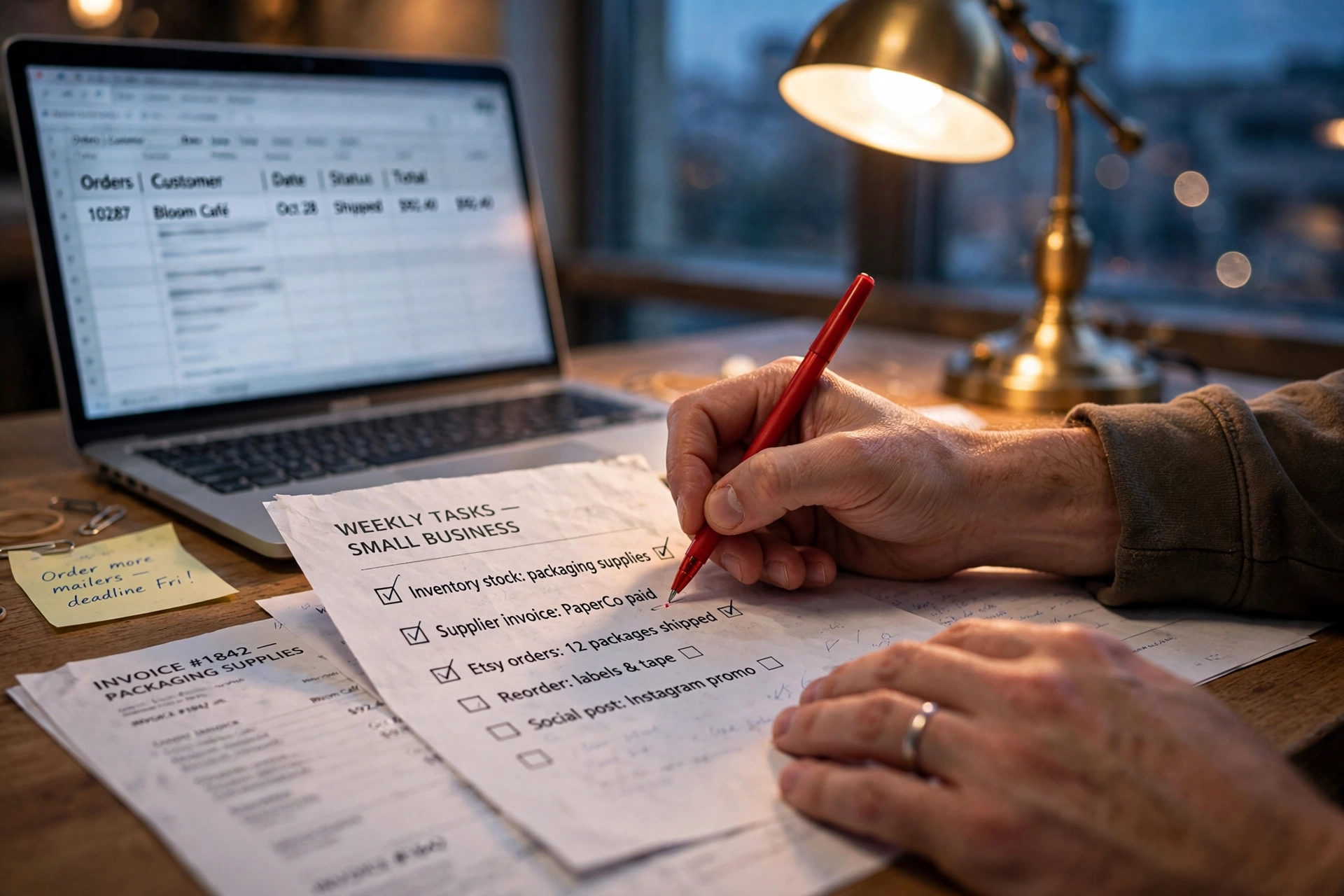 Human approval gate for AI agents Business owner hands checking printed work with a red pen beside a laptop