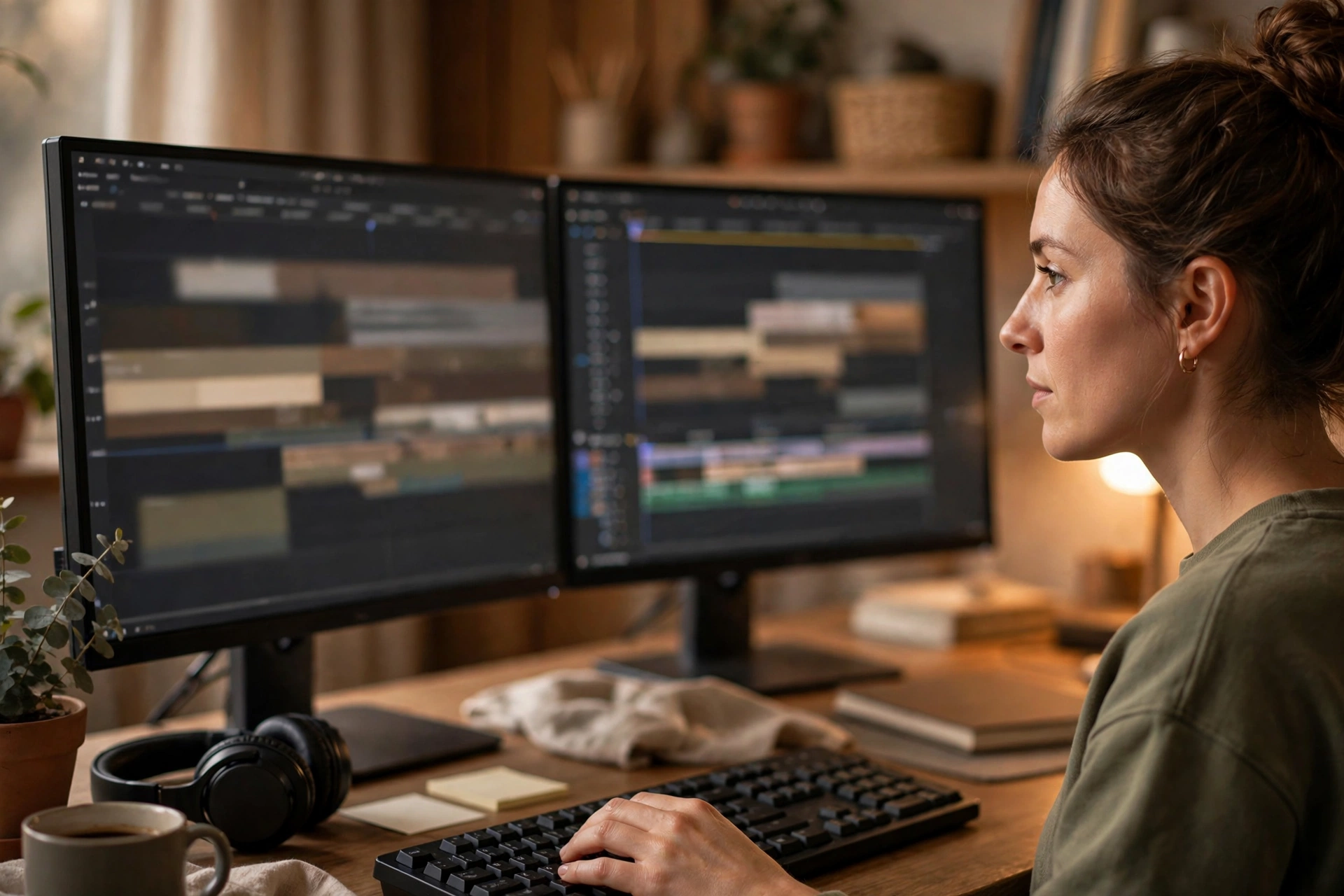 Human review in the AI video editing pipeline Video editor reviewing an AI-generated commercial timeline on dual monitors in a warm editing suite
