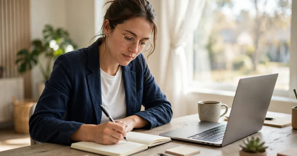 Professional writing at a bright desk with laptop and notebook in morning light