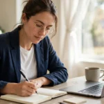 Professional writing at a bright desk with laptop and notebook in morning light