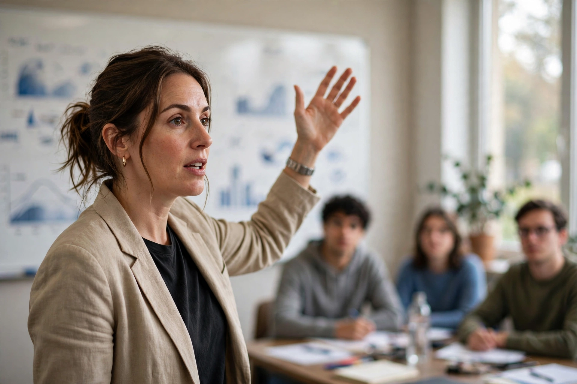 Teaching marketing in the classroom A teacher presenting marketing concepts in a small classroom with a whiteboard