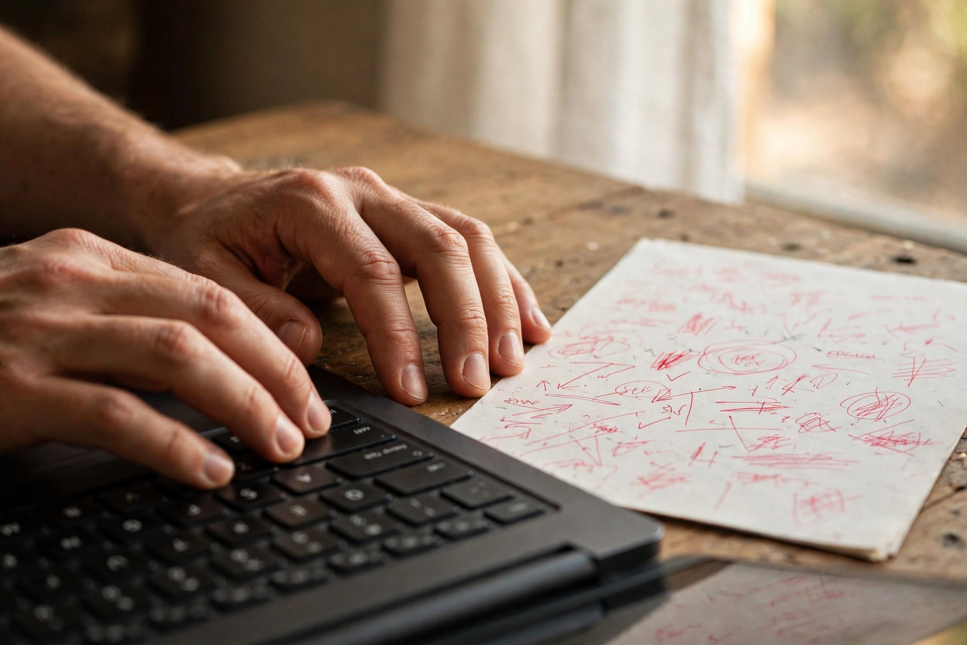 Editing AI marketing copy Hands typing on a laptop beside a printed page with handwritten edits